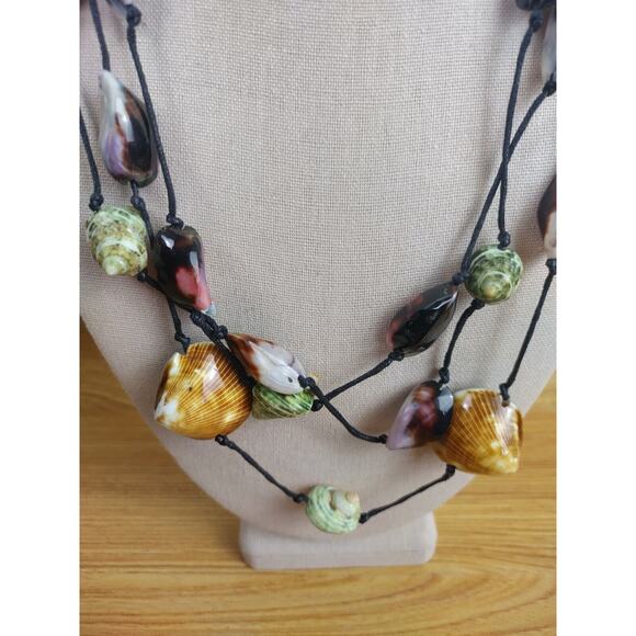 Colorful Shell Multi Strand Statement Necklace Black Cord Lobster Clasp - Picture 3 of 5